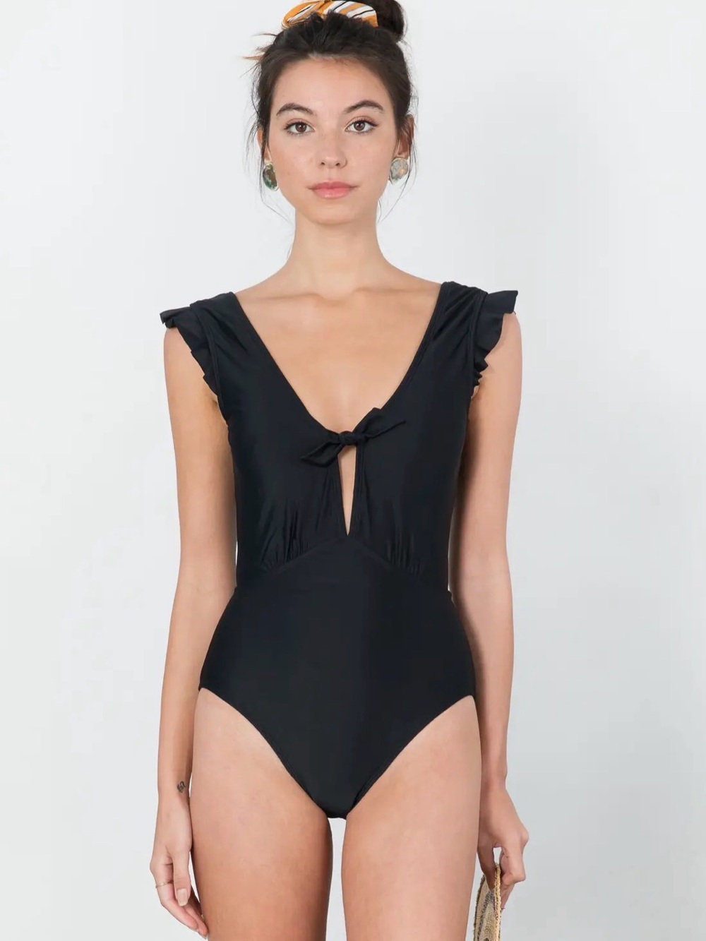 Marina West Low V Neck Ruffle with Tie One Piece Swimsuit NWT